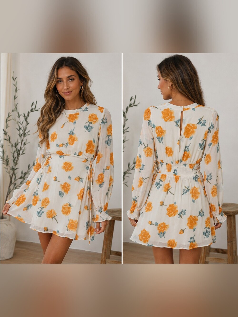 Free People Samantha Long Sleeve Floral Lace-Up Mini Dress Size S